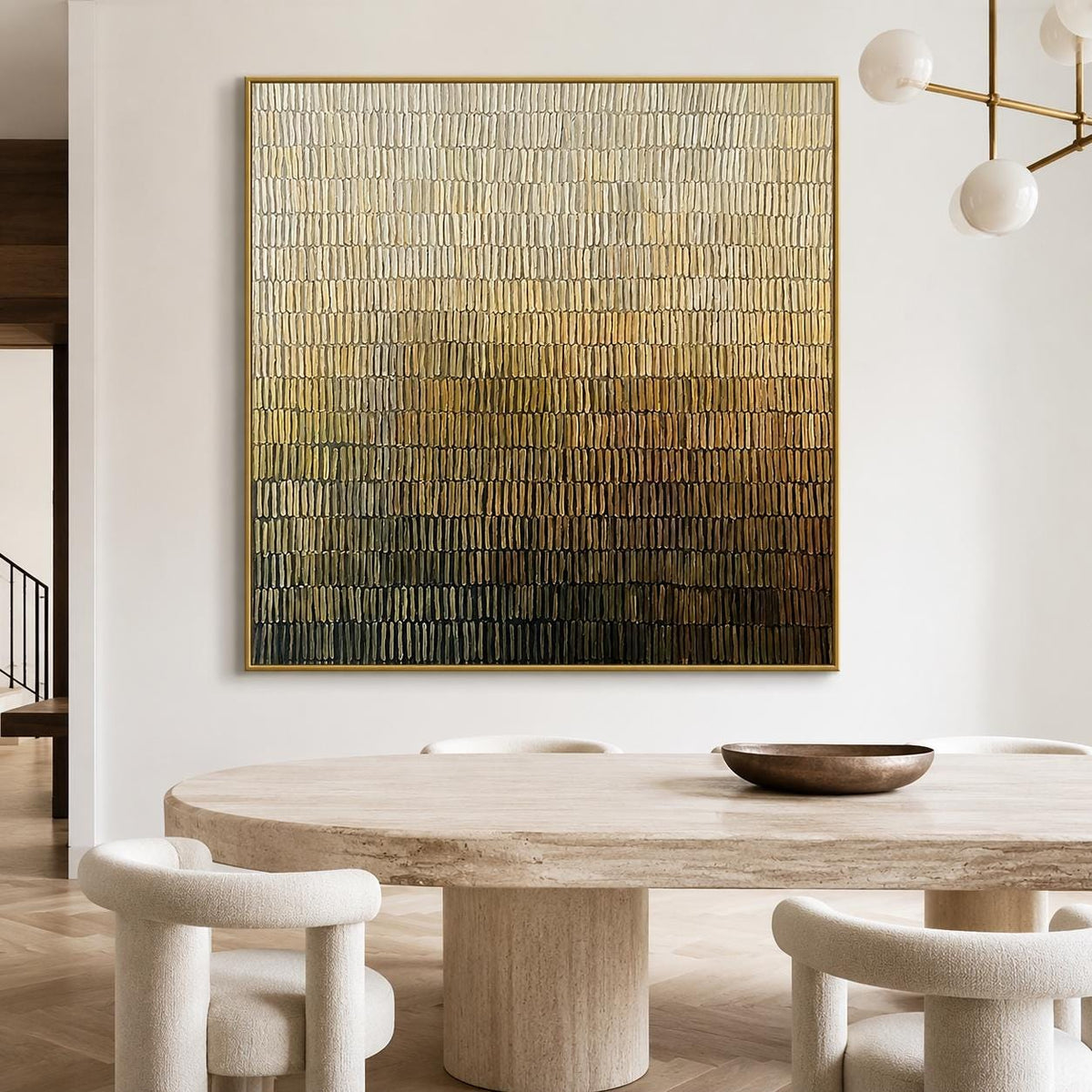 Ivory Olive Abstract Wall Art Fine Line Texture Canvas Painting for Entryway Decor