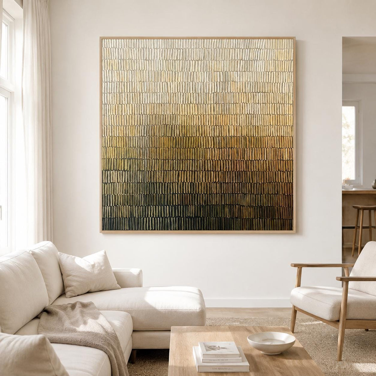 Ivory Olive Abstract Wall Art Fine Line Texture Canvas Painting for Entryway Decor