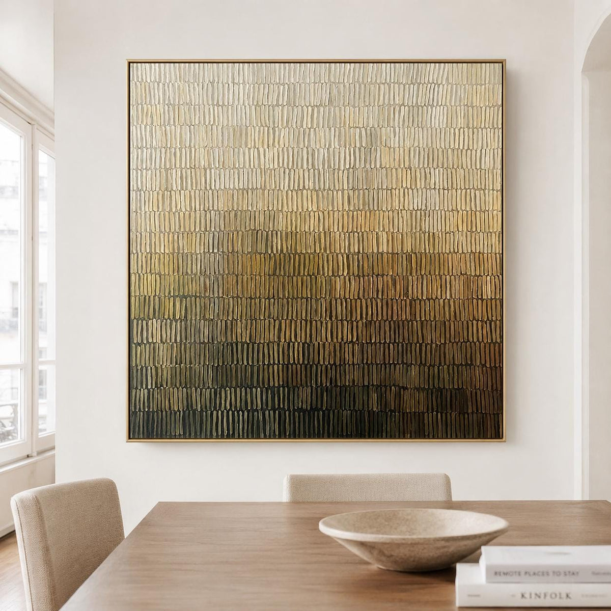 Ivory Olive Abstract Wall Art Fine Line Texture Canvas Painting for Entryway Decor
