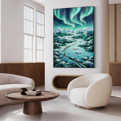 Turquoise and Emerald Impasto Dog Animal Wall Art – Northern Lights Dog Sled Canvas - Handmade Acrylic - Winter Adventure Wall Decor - Wilderness Home Gift