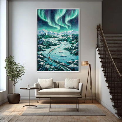 Turquoise and Emerald Impasto Dog Animal Wall Art – Northern Lights Dog Sled Canvas - Handmade Acrylic - Winter Adventure Wall Decor - Wilderness Home Gift