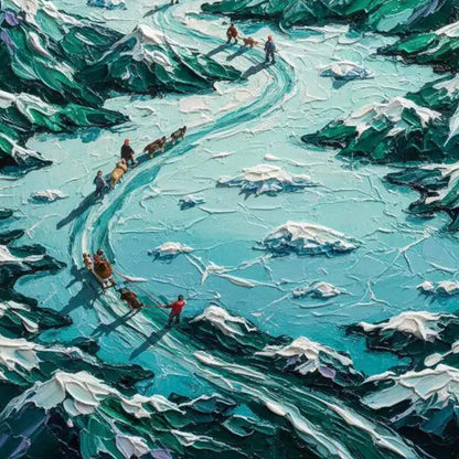 Turquoise and Emerald Impasto Dog Animal Wall Art – Northern Lights Dog Sled Canvas - Handmade Acrylic - Winter Adventure Wall Decor - Wilderness Home Gift