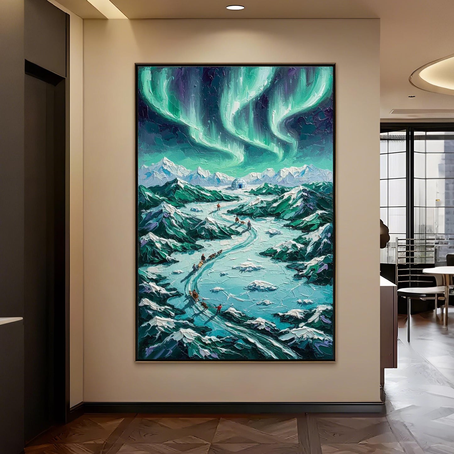 Northern Lights Dog Sled Canvas - Handmade Acrylic - Winter Adventure Wall Decor - Wilderness Home Gift – Turquoise and Emera