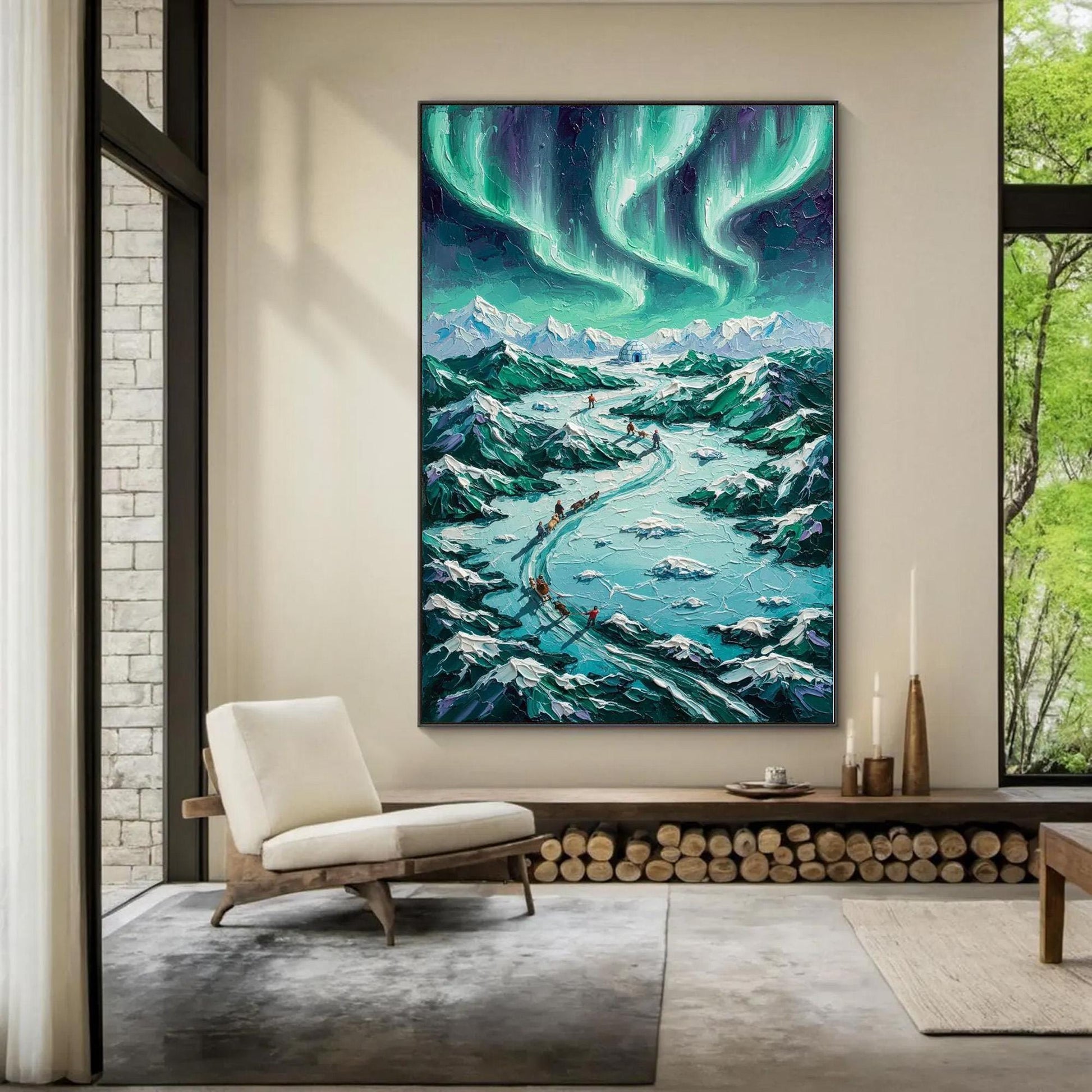 Northern Lights Dog Sled Canvas - Handmade Acrylic - Winter Adventure Wall Decor - Wilderness Home Gift – Turquoise and Emera