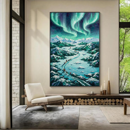 Northern Lights Dog Sled Canvas - Handmade Acrylic - Winter Adventure Wall Decor - Wilderness Home Gift – Turquoise and Emera