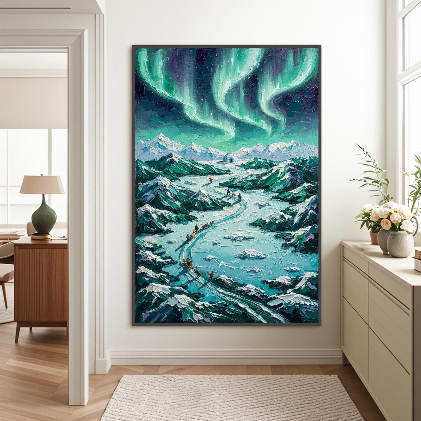 Northern Lights Dog Sled Canvas - Handmade Acrylic - Winter Adventure Wall Decor - Wilderness Home Gift – Turquoise and Emera