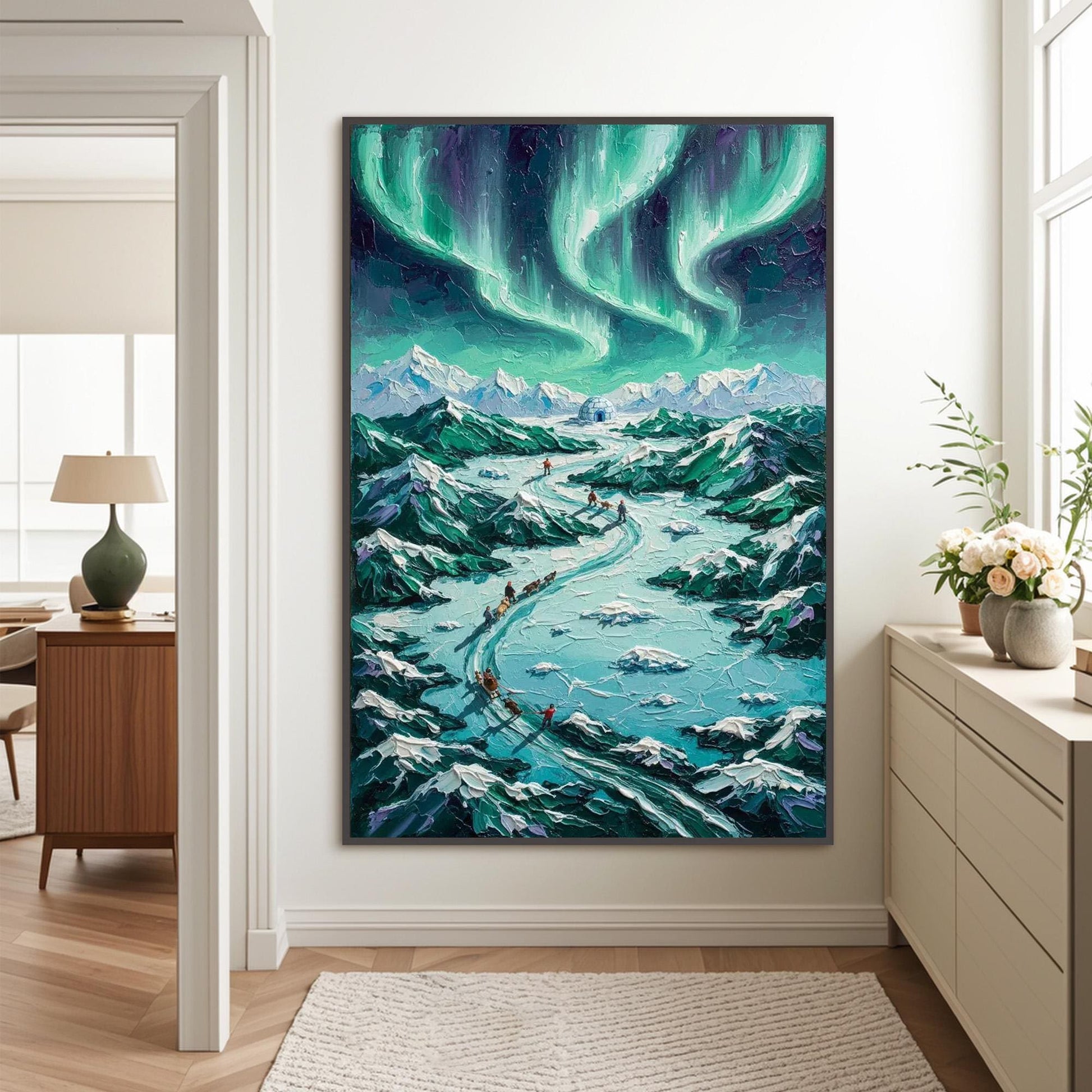 Northern Lights Dog Sled Canvas - Handmade Acrylic - Winter Adventure Wall Decor - Wilderness Home Gift – Turquoise and Emera