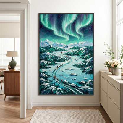 Northern Lights Dog Sled Canvas - Handmade Acrylic - Winter Adventure Wall Decor - Wilderness Home Gift – Turquoise and Emera