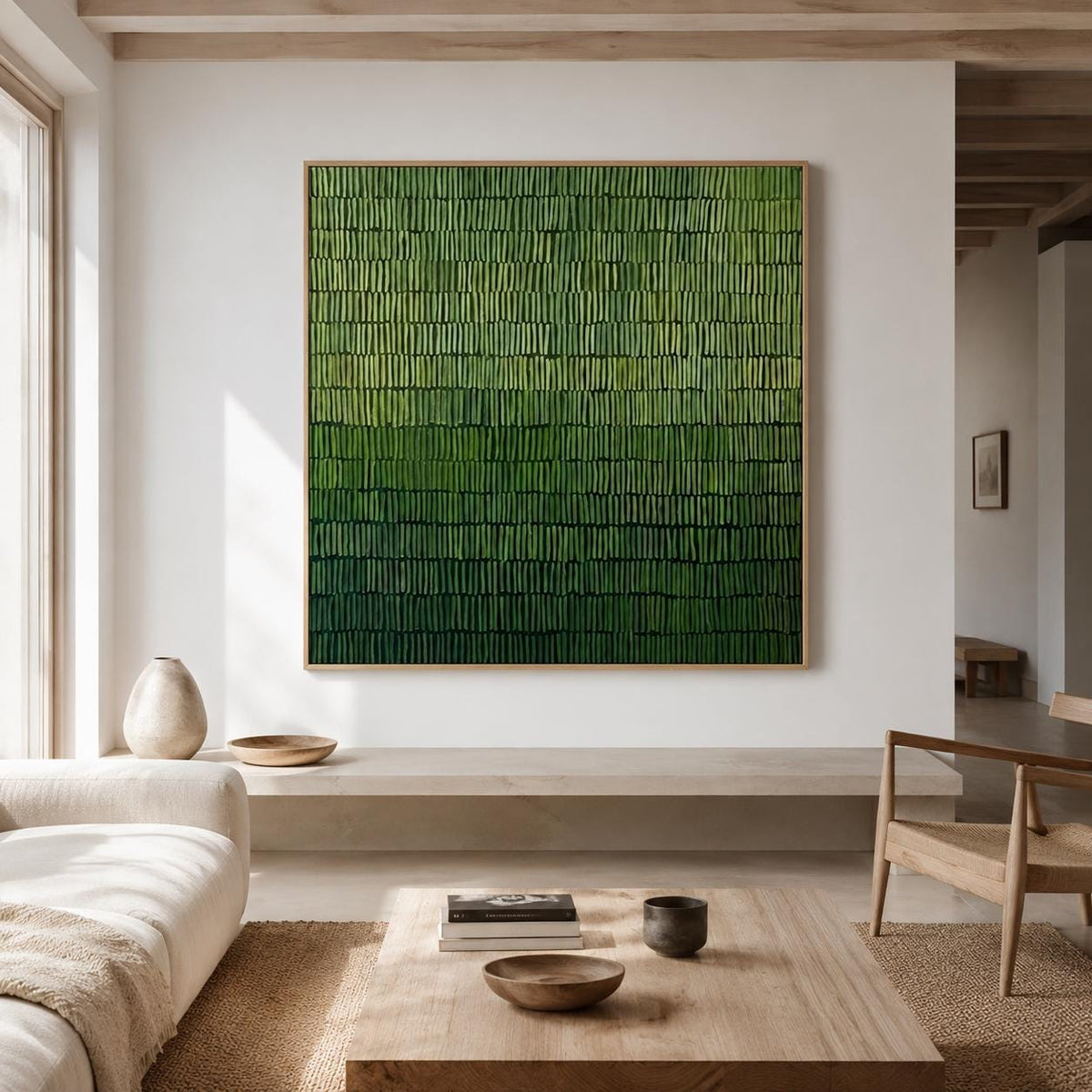 Moss Green Abstract Wall Art Fine Line Texture Canvas Painting for Office Decor