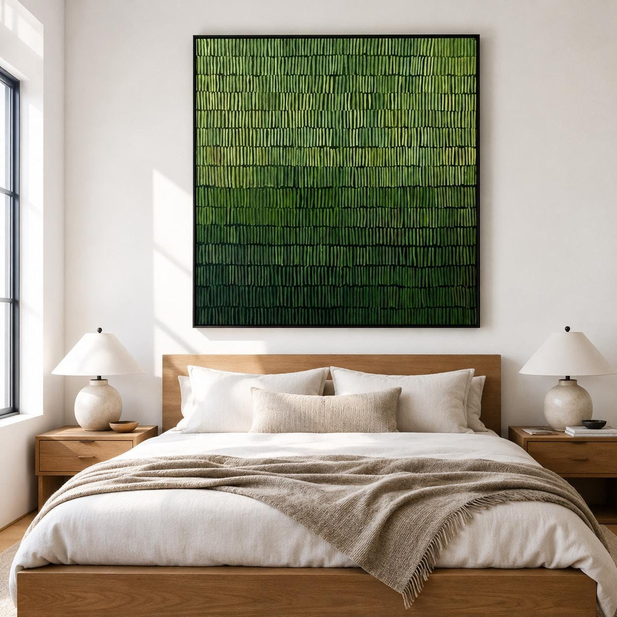 Moss Green Abstract Wall Art Fine Line Texture Canvas Painting for Office Decor
