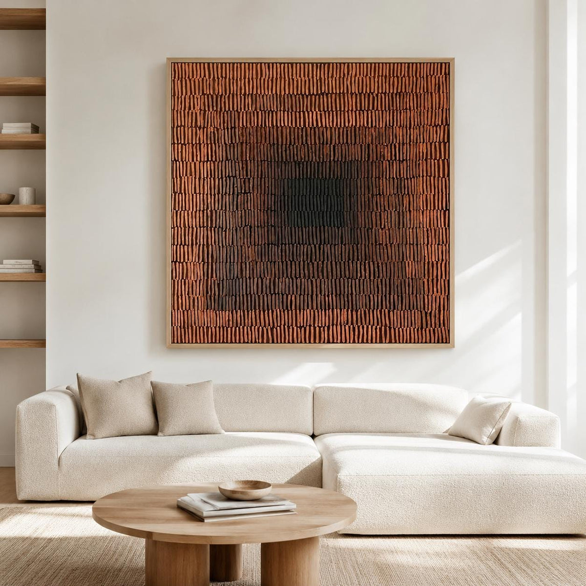 Terracotta Abstract Wall Art Dark Center Fine Line Canvas Painting for Dining Room