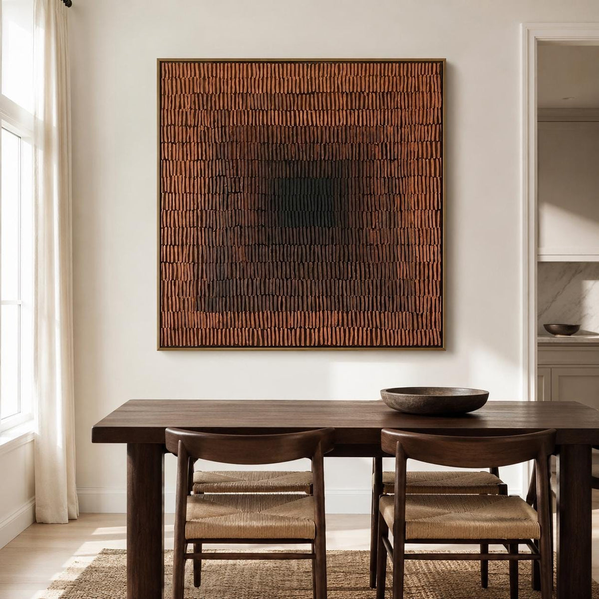 Terracotta Abstract Wall Art Dark Center Fine Line Canvas Painting for Dining Room