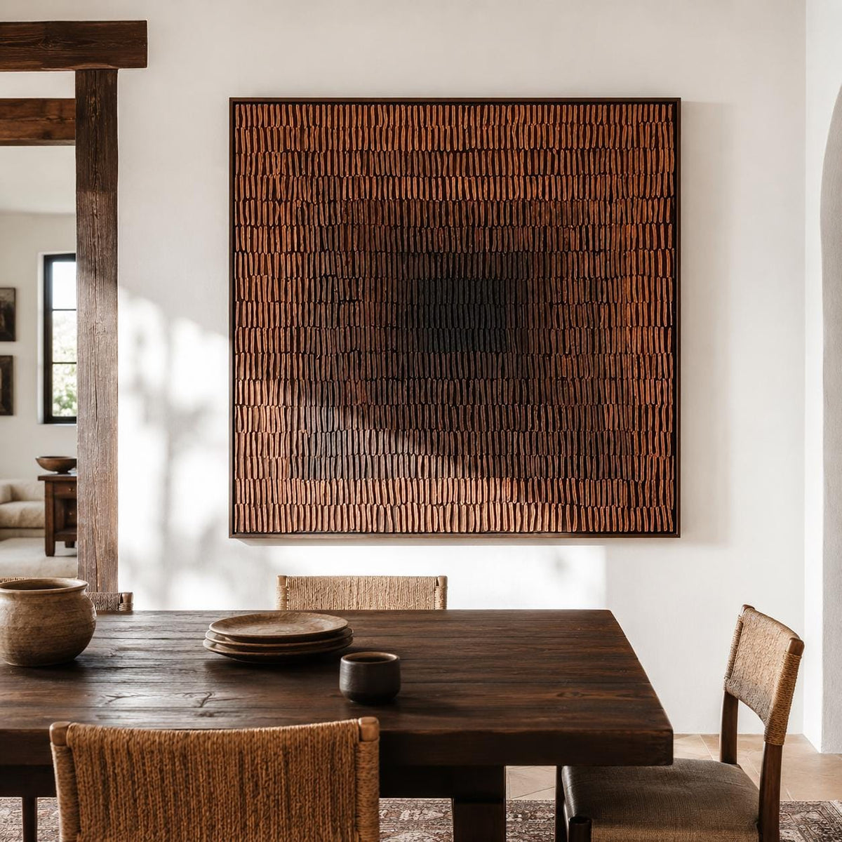 Terracotta Abstract Wall Art Dark Center Fine Line Canvas Painting for Dining Room
