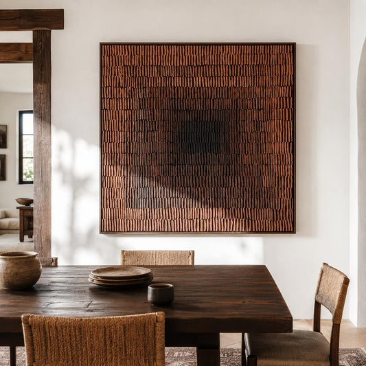 Terracotta Abstract Wall Art Dark Center Fine Line Canvas Painting for Dining Room