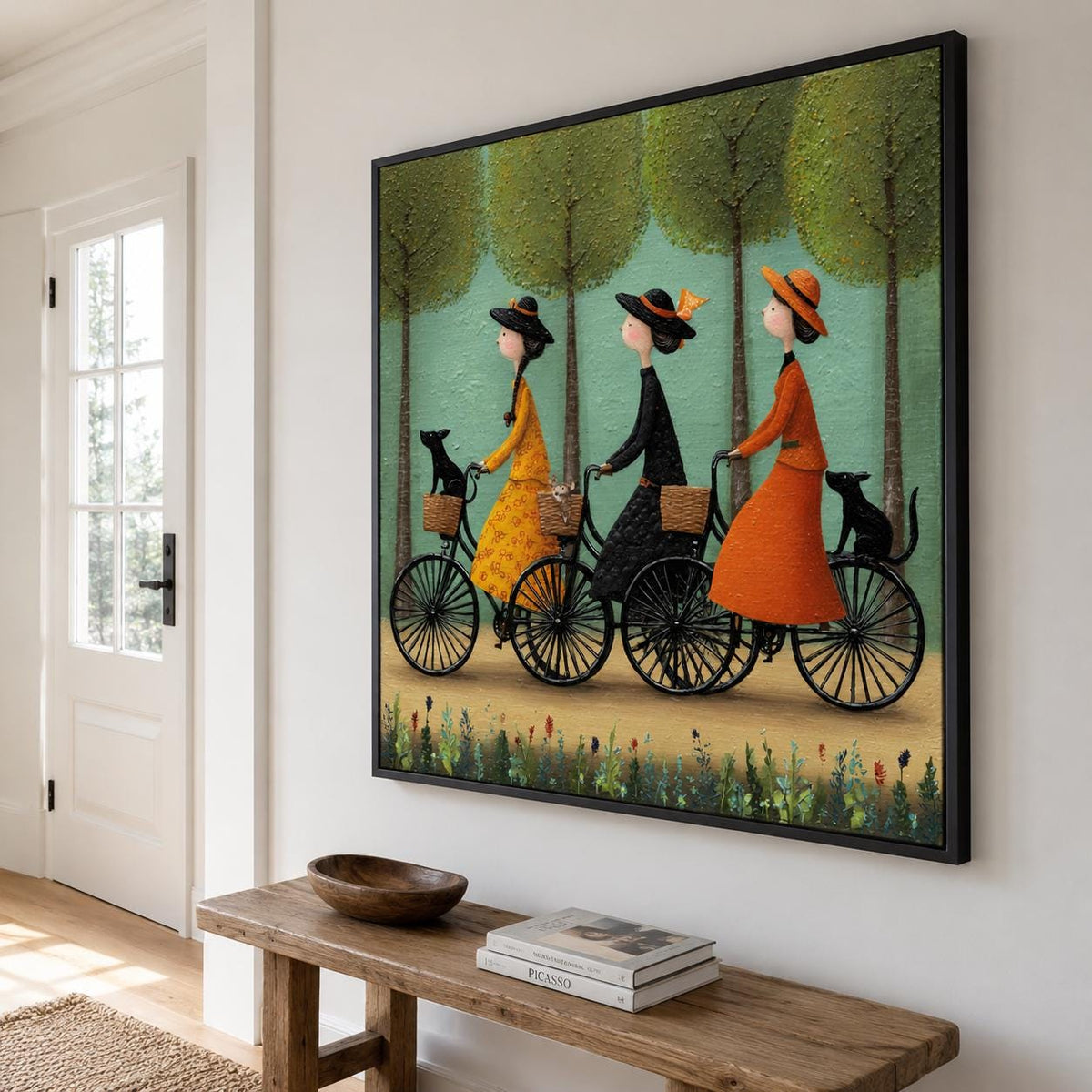 Bicycle Wall Art Vintage Folk Women With Pets Canvas Painting for Entryway Decor