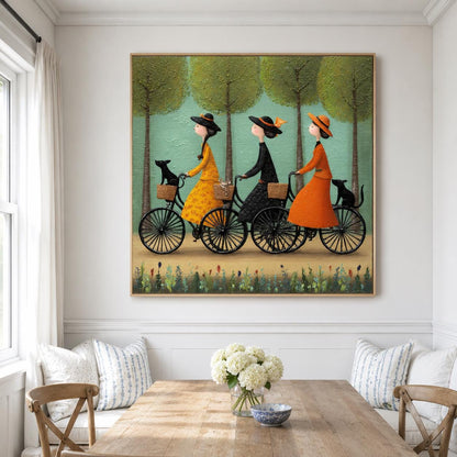 Bicycle Wall Art Vintage Folk Women With Pets Canvas Painting for Entryway Decor