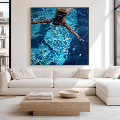 Diving Swimmer Wall Art Deep Blue Pool Textured Canvas Painting for Coastal Bathroom Decor