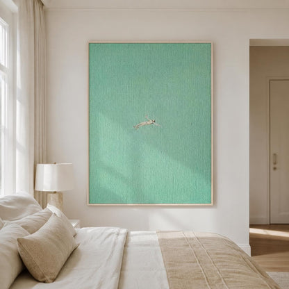 Sea Green Swimmer Wall Art Minimalist Ocean Canvas Painting for Coastal Spa Bathroom Decor
