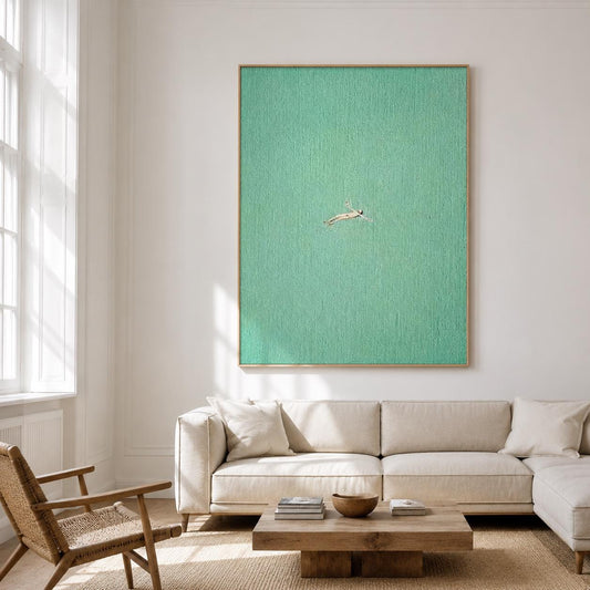 Sea Green Swimmer Wall Art Minimalist Ocean Canvas Painting for Coastal Spa Bathroom Decor