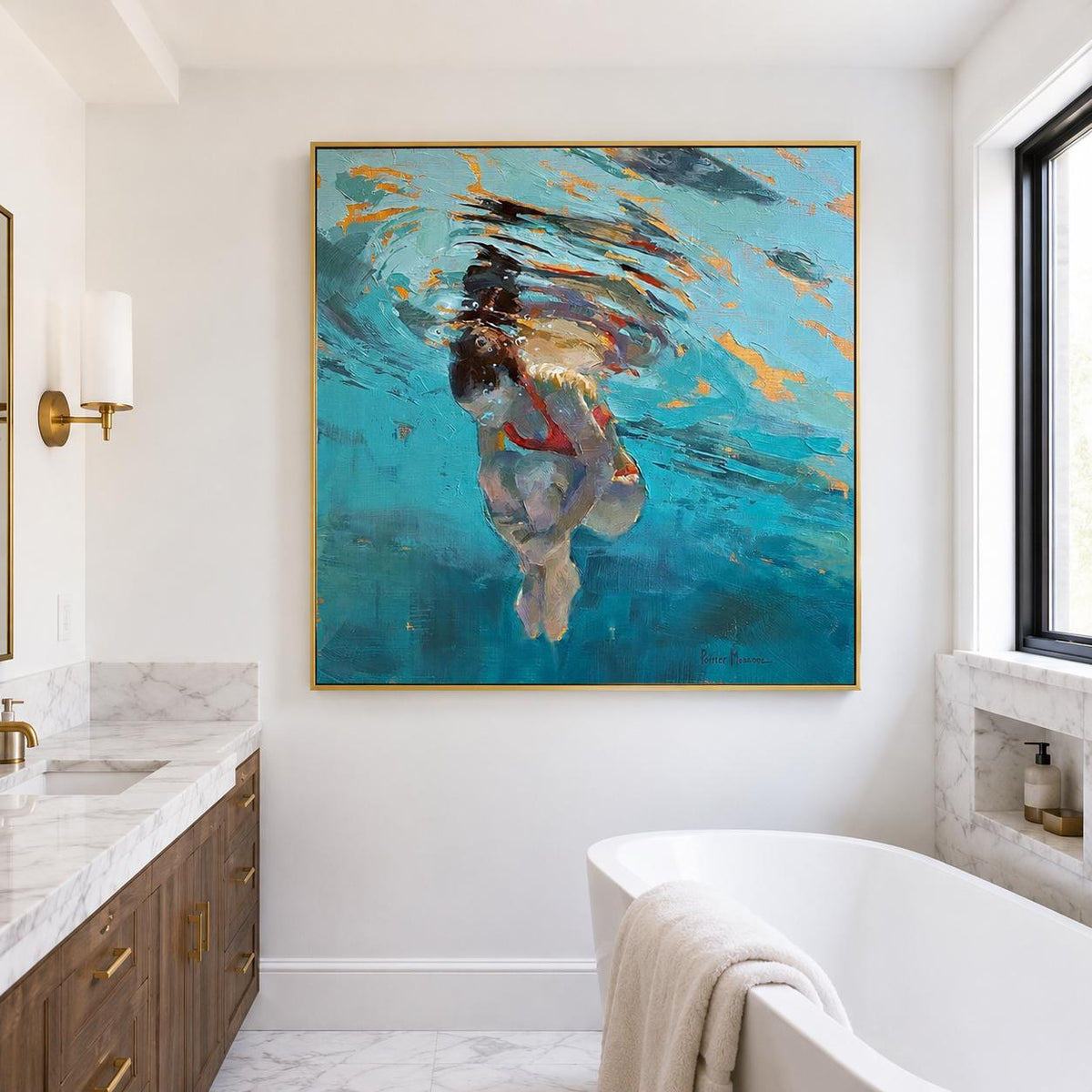Underwater Woman Swimmer Wall Art Turquoise Blue Textured Canvas Painting for Coastal Bathroom Decor
