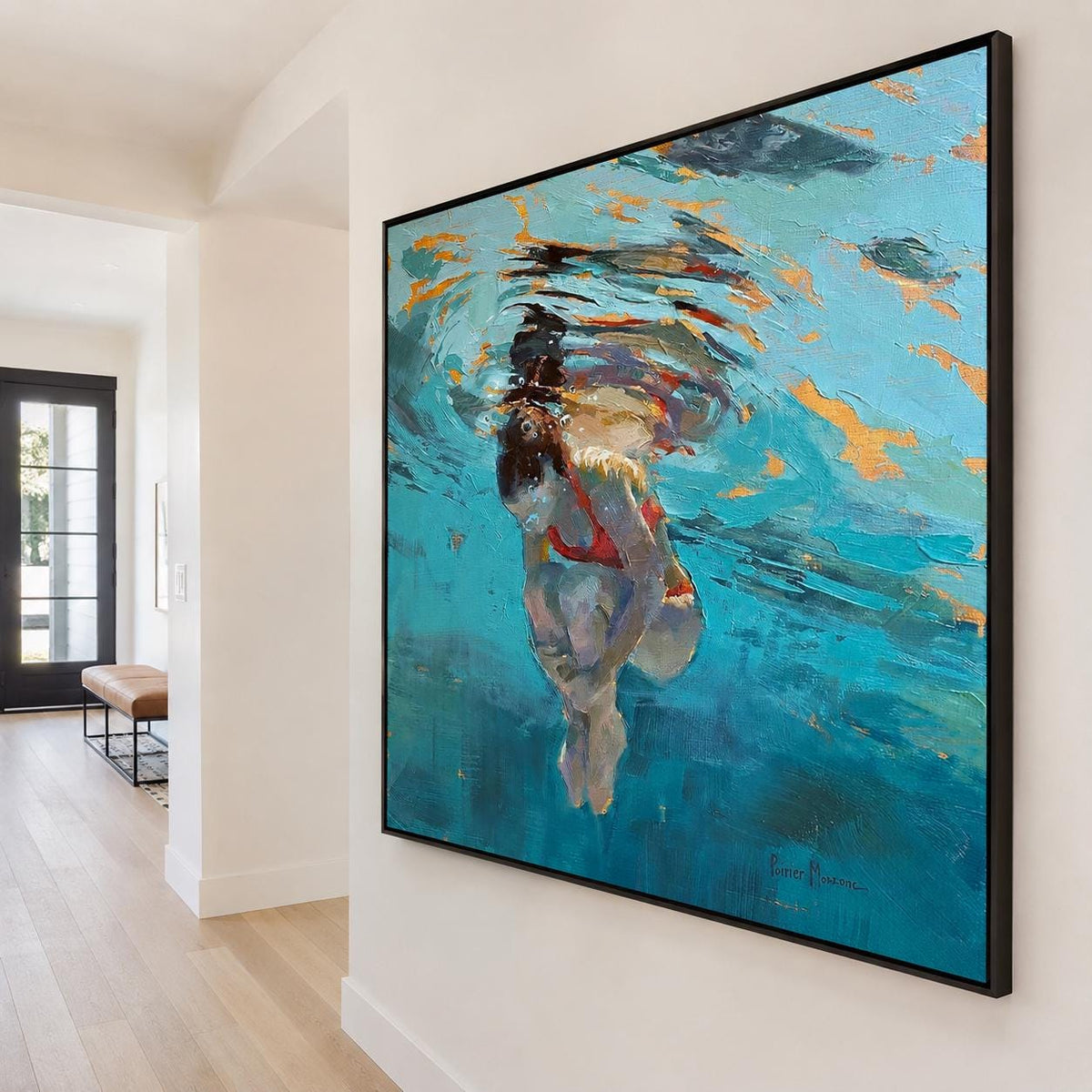 Underwater Woman Swimmer Wall Art Turquoise Blue Textured Canvas Painting for Coastal Bathroom Decor
