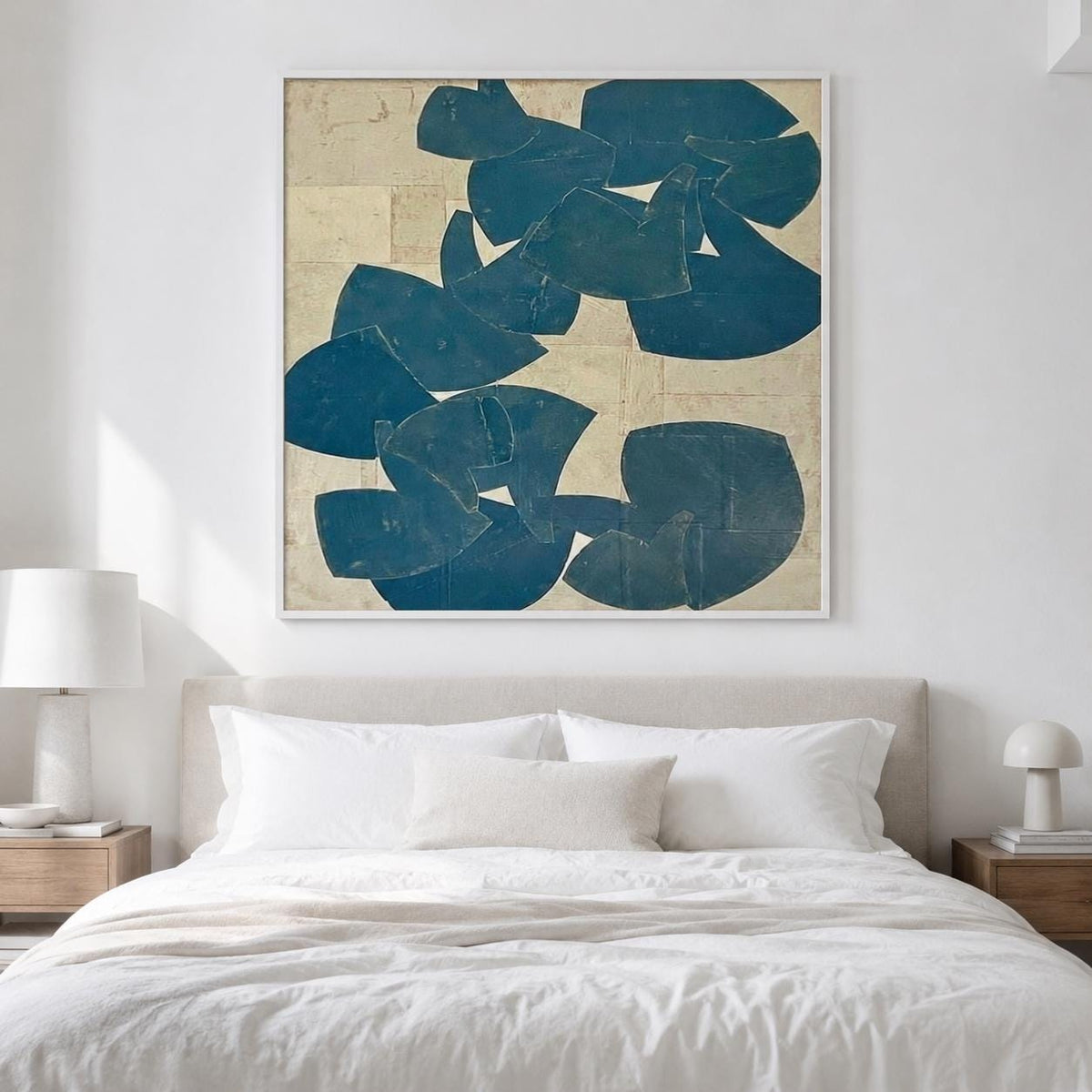 Large Blue Beige Abstract Wall Art Organic Shape Canvas Painting for Living Room Decor