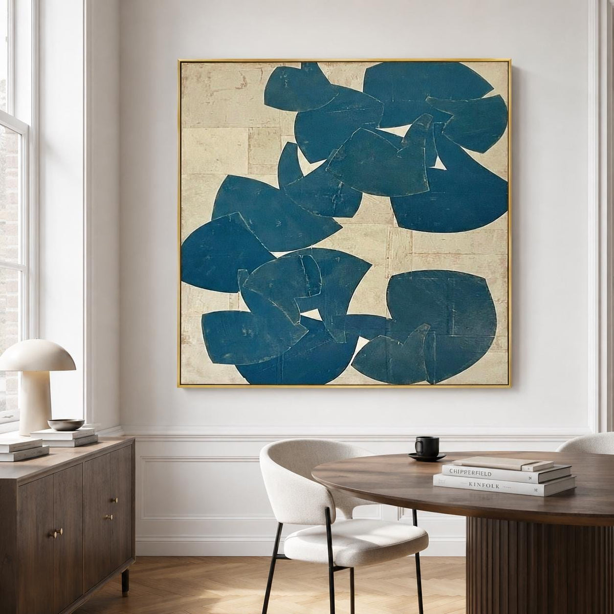 Large Blue Beige Abstract Wall Art Organic Shape Canvas Painting for Living Room Decor