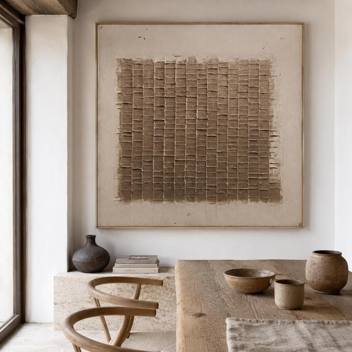 Wabi Sabi Wall Art Brown Beige Plaster Texture Canvas Painting for Living Room Decor