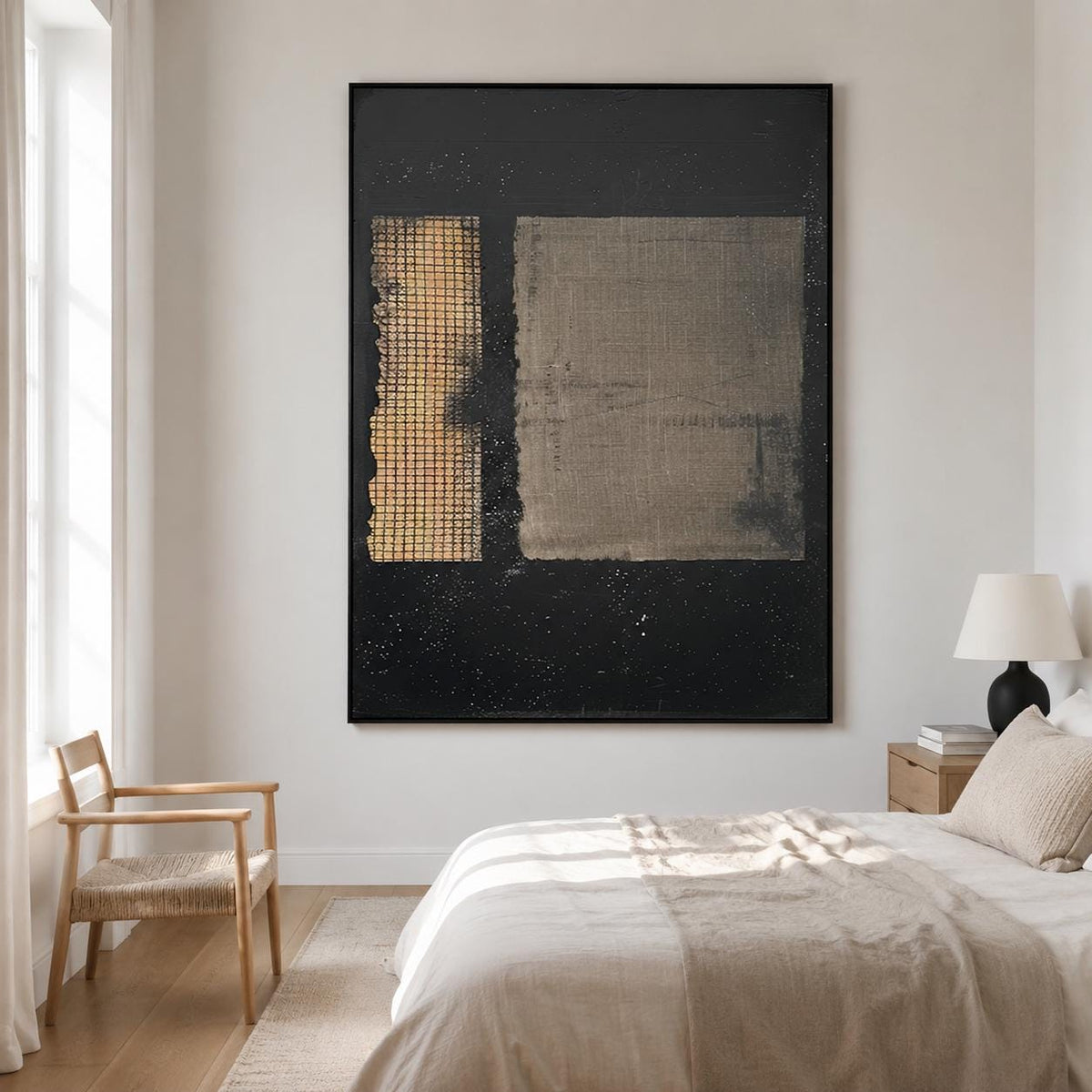 Black Beige Wabi Sabi Wall Art Textured Grid Canvas Painting for Living Room Decor