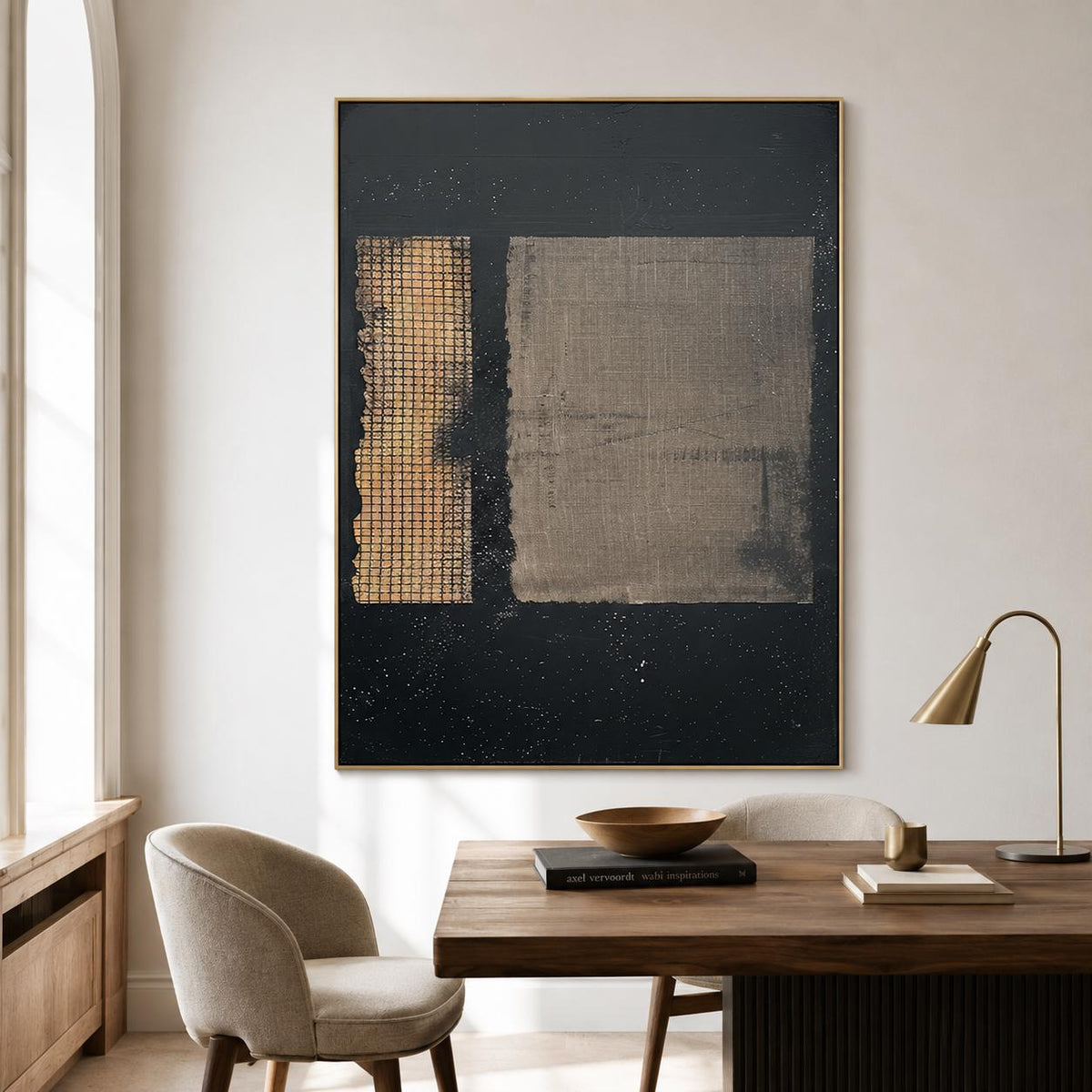Black Beige Wabi Sabi Wall Art Textured Grid Canvas Painting for Living Room Decor