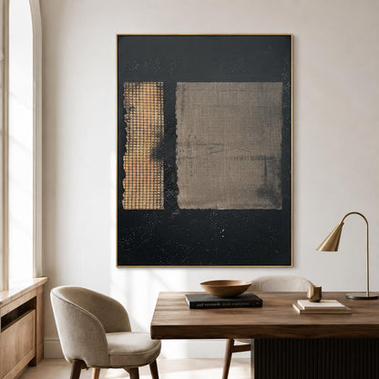 Black Beige Wabi Sabi Wall Art Textured Grid Canvas Painting for Living Room Decor