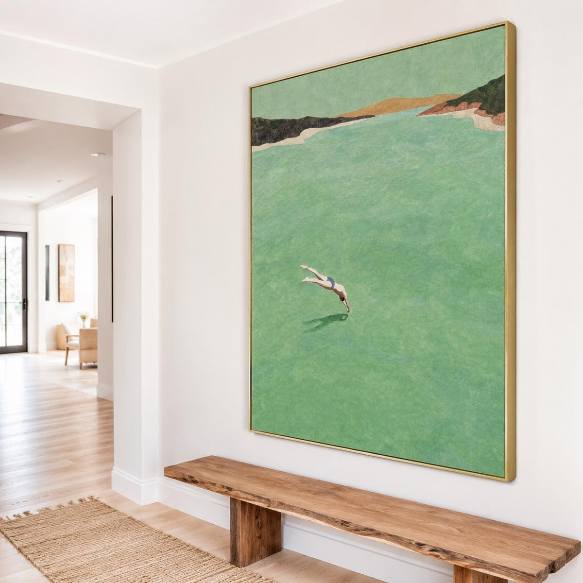 Sea Green Diver Wall Art Vintage Minimalist Ocean Canvas Painting for Entryway Decor