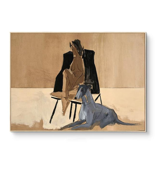 May include: A rectangular framed painting featuring a stylized figure seated on a chair, wearing a dark coat, with a grey dog lying in the foreground. The artwork uses a muted color palette of beige, tan, and black tones on a light background.
