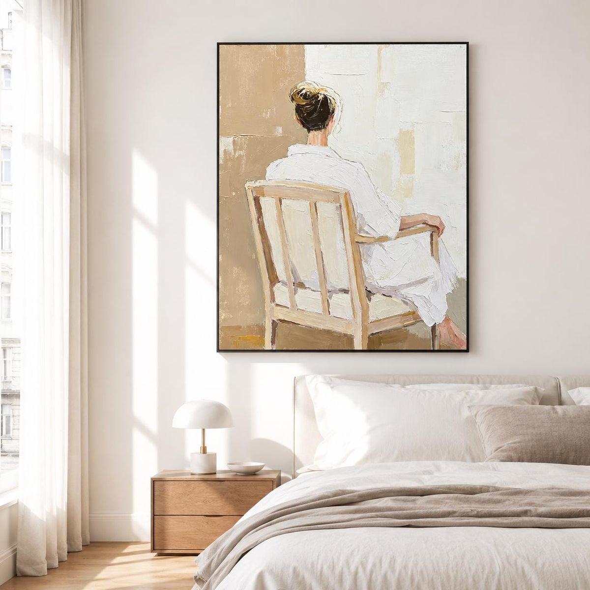 Woman Back Figure Wall Art Neutral Beige White Robe Canvas Painting for Bedroom Decor