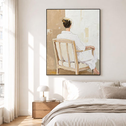 Woman Back Figure Wall Art Neutral Beige White Robe Canvas Painting for Bedroom Decor