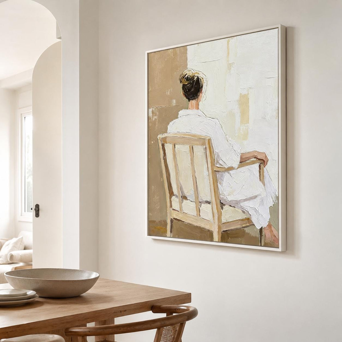Woman Back Figure Wall Art Neutral Beige White Robe Canvas Painting for Bedroom Decor