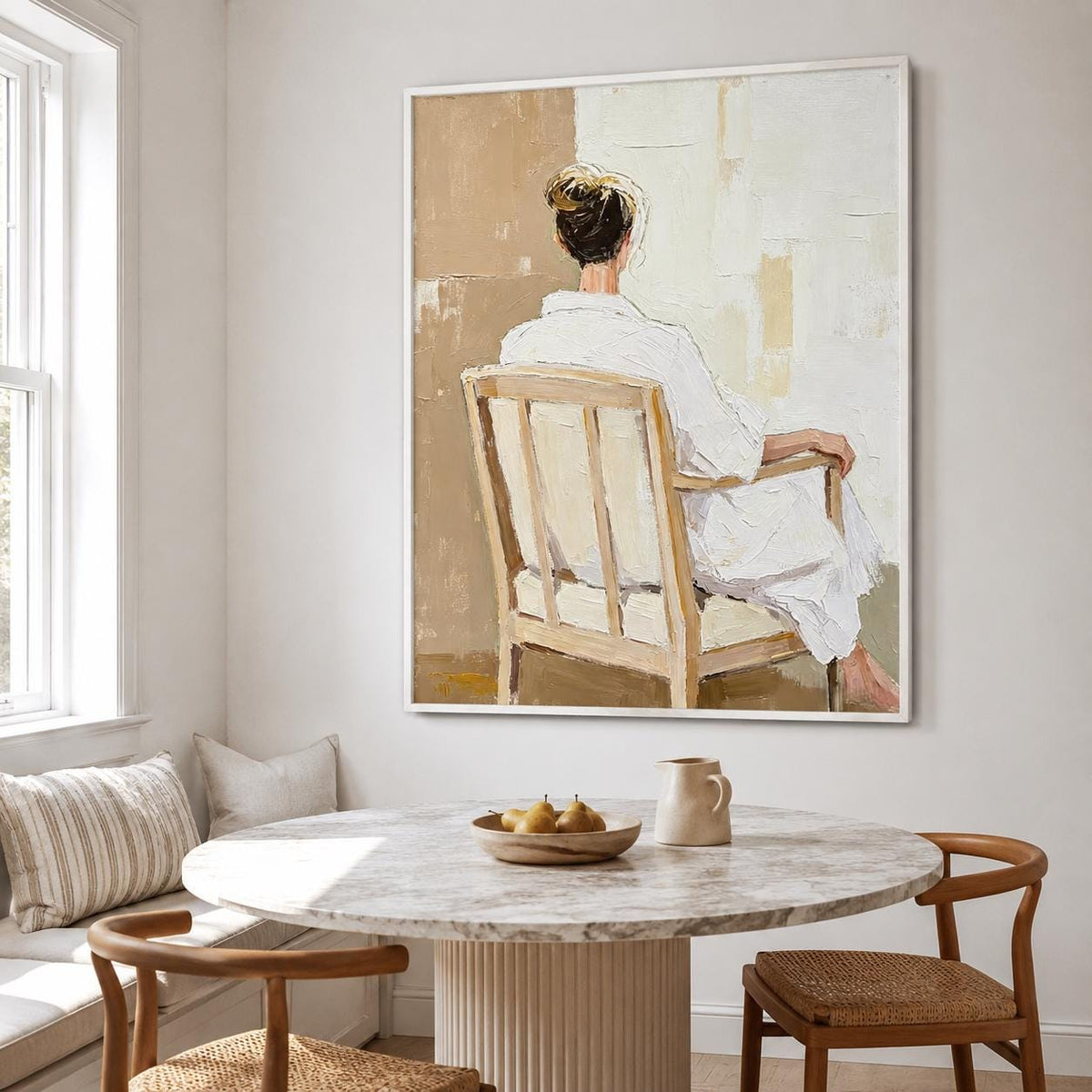 Woman Back Figure Wall Art Neutral Beige White Robe Canvas Painting for Bedroom Decor