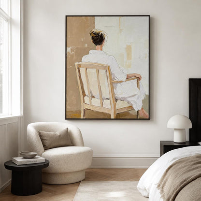 Woman Back Figure Wall Art Neutral Beige White Robe Canvas Painting for Bedroom Decor