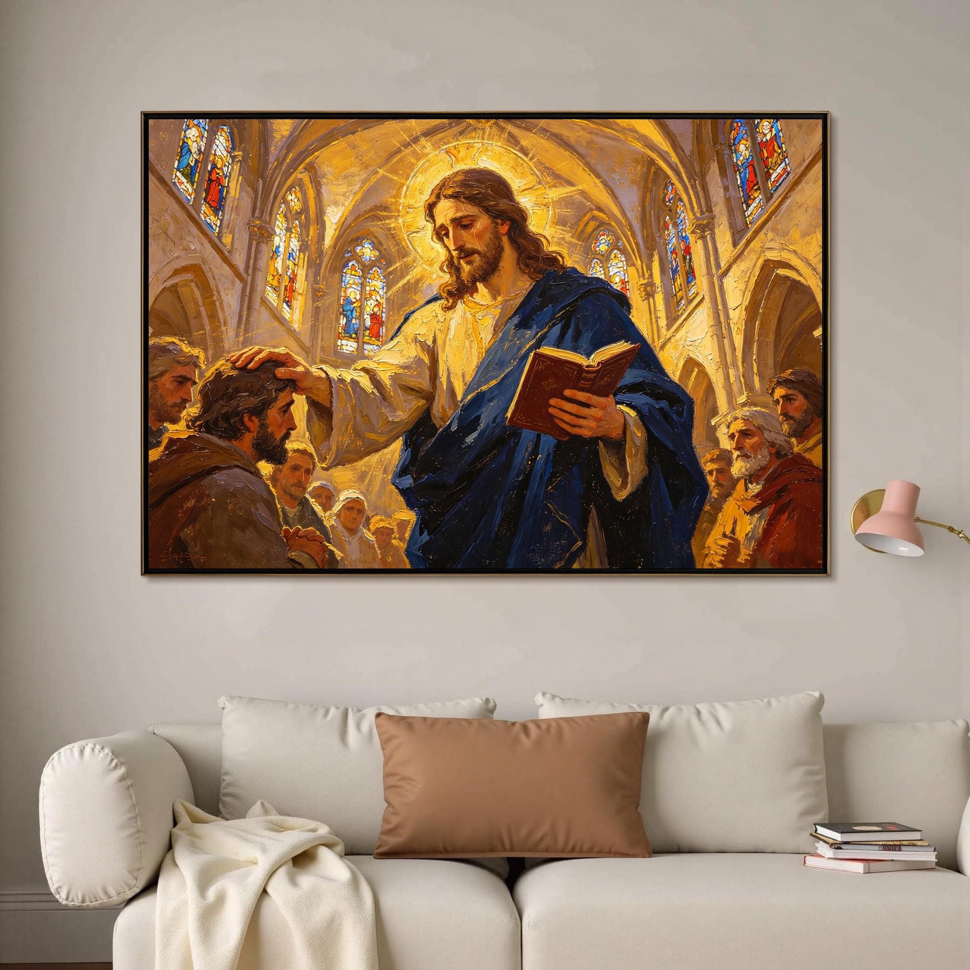 Stained Glass Sacred Canvas - Handmade Oil Acrylic - Christian Church Wall Art - Religious Home Gift – Gold Abstract | Hand-P