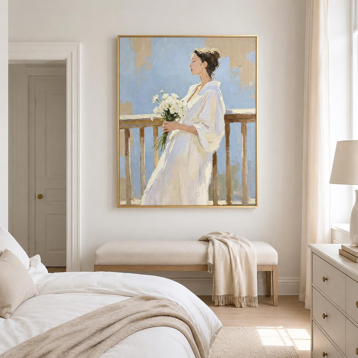 Woman With Flowers Wall Art Soft Blue White Dress Canvas Painting for Entryway Decor