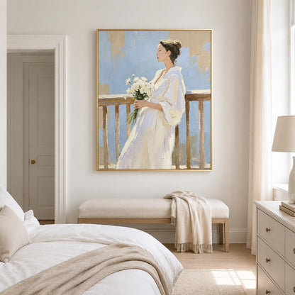 Woman With Flowers Wall Art Soft Blue White Dress Canvas Painting for Entryway Decor