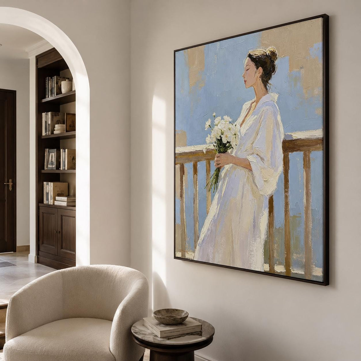 Woman With Flowers Wall Art Soft Blue White Dress Canvas Painting for Entryway Decor