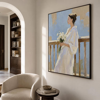 Woman With Flowers Wall Art Soft Blue White Dress Canvas Painting for Entryway Decor