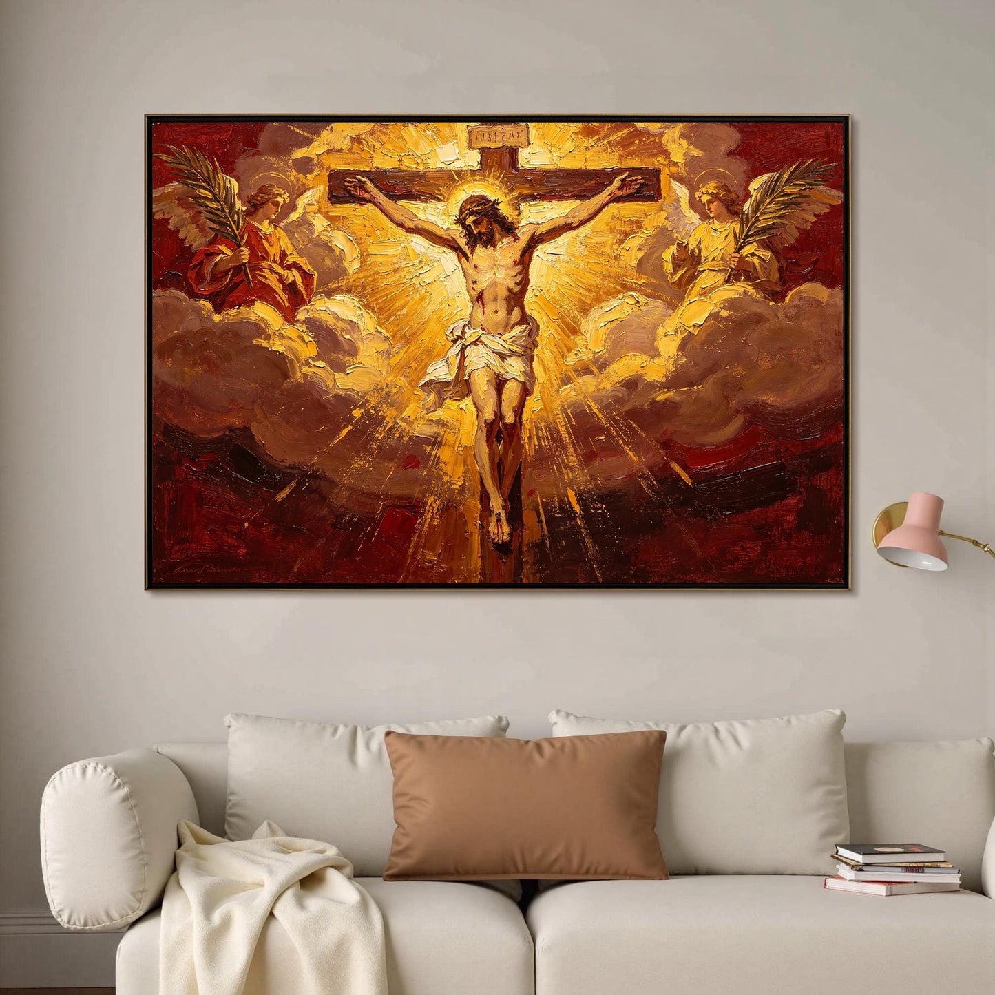 Jesus Cross Angels Canvas - Sacred Religious Art - Handmade Oil Acrylic - Church Chapel Devotional Gift – Gold and Red Abstra