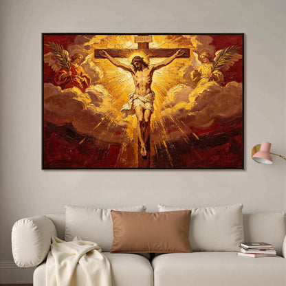 Jesus Cross Angels Canvas - Sacred Religious Art - Handmade Oil Acrylic - Church Chapel Devotional Gift – Gold and Red Abstra