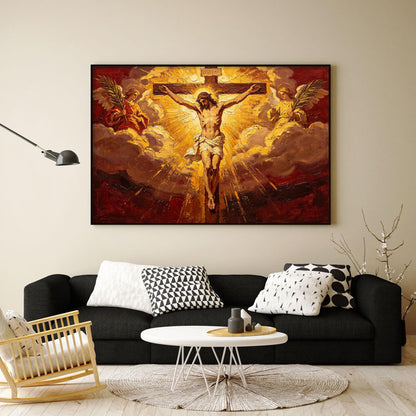 Gold and Red Expressionist Abstract – Jesus Cross Angels Canvas - Sacred Religious Art - Handmade Oil Acrylic - Church Chapel Devotional Gift