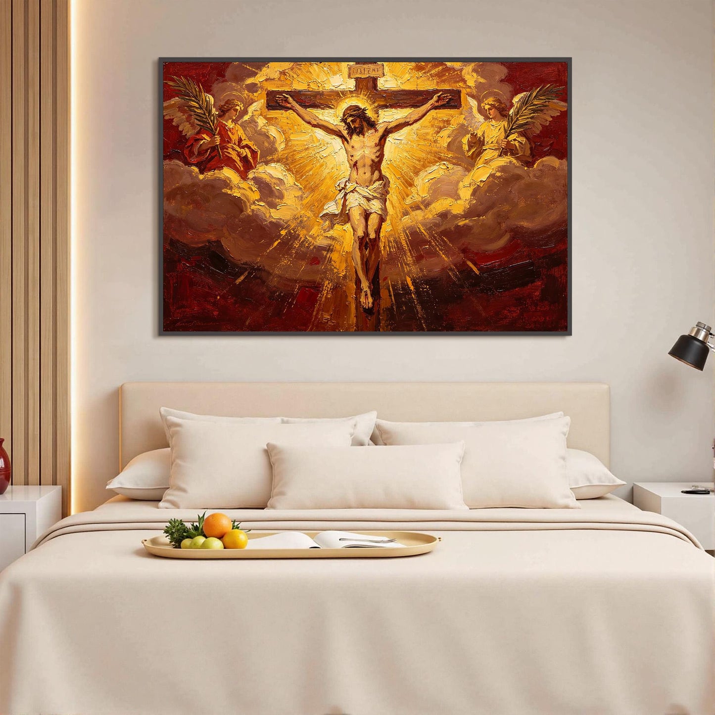 Gold and Red Expressionist Abstract – Jesus Cross Angels Canvas - Sacred Religious Art - Handmade Oil Acrylic - Church Chapel Devotional Gift