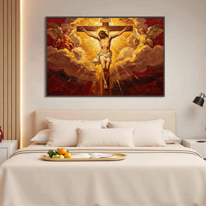 Gold and Red Expressionist Abstract – Jesus Cross Angels Canvas - Sacred Religious Art - Handmade Oil Acrylic - Church Chapel Devotional Gift