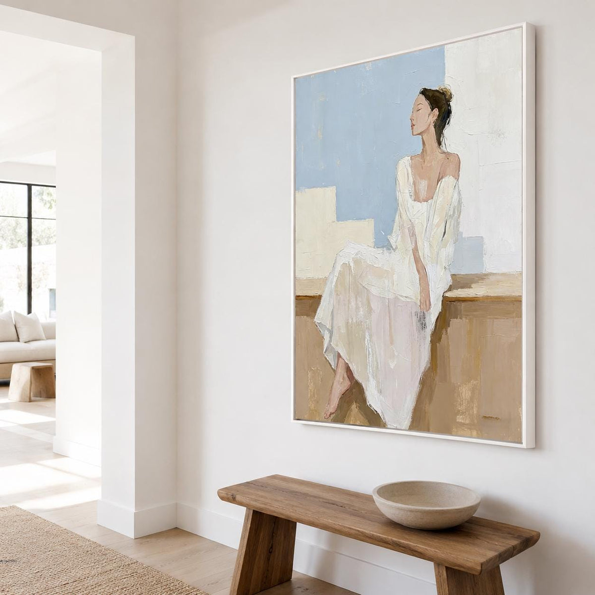 White Dress Woman Wall Art Soft Blue Figure Canvas Painting for Modern Living Room