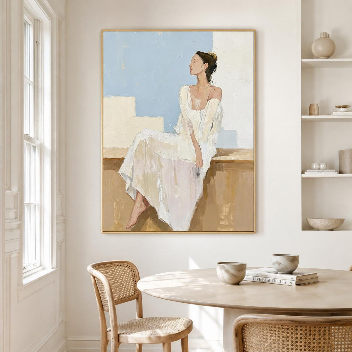 White Dress Woman Wall Art Soft Blue Figure Canvas Painting for Modern Living Room
